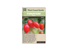 Sachet West Coast Seeds portant les mentions Tomatoes, Roma et Supremo. La photo montre plusieurs tomates rouge vif, ovales et allongées, suspendues en bouquet à des tiges vertes. Le fond clair laisse voir du feuillage flou et un autre fruit plus bas. Le nom et le code TM829 figurent sous les bandeaux verts de la marque.
