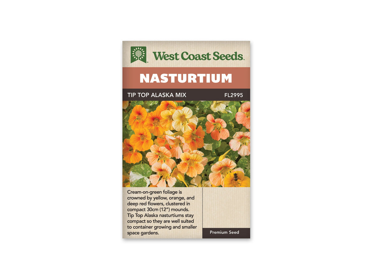 Sachet Tip Top Alaska Mix de West Coast Seeds sur fond blanc. La photo présente des fleurs orange, saumon et crème au milieu de feuilles rondes vertes marbrées de blanc crème. Certaines fleurs portent de fines stries rouges. Un petit insecte se pose sur une fleur dans le bas de l’image. Le bandeau orange indique Nasturtium et le code FL2995 figure au bas.