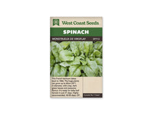 Sachet West Coast Seeds Monstrueux de Viroflay montrant de grandes feuilles d’épinard vertes. Le feuillage se chevauche, avec des nervures marquées et des surfaces légèrement gaufrées. Les jeunes feuilles du cœur apparaissent entre les plus grandes. Le nom de la variété est inscrit dans le bandeau brun situé sous le titre Spinach.