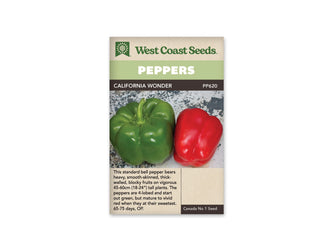 Sachet West Coast Seeds de poivron California Wonder. Le bandeau vert pâle porte le mot Peppers en blanc. La photo montre un gros poivron vert à lobes arrondis et un poivron rouge, sur un fond gris moucheté. Les fruits sont entiers et lisses. Le code PP620 figure près du nom, au-dessus de la photo.
