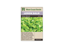 Sachet de mélisse West Coast Seeds présenté de face sur fond blanc. La photographie montre un feuillage vert clair dense, avec des feuilles ovales aux bords dentés et aux nervures visibles. Le bandeau mauve porte le nom LEMON BALM. Le nom Melissa officinalis apparaît sur la bande foncée, au-dessus de la description en anglais.