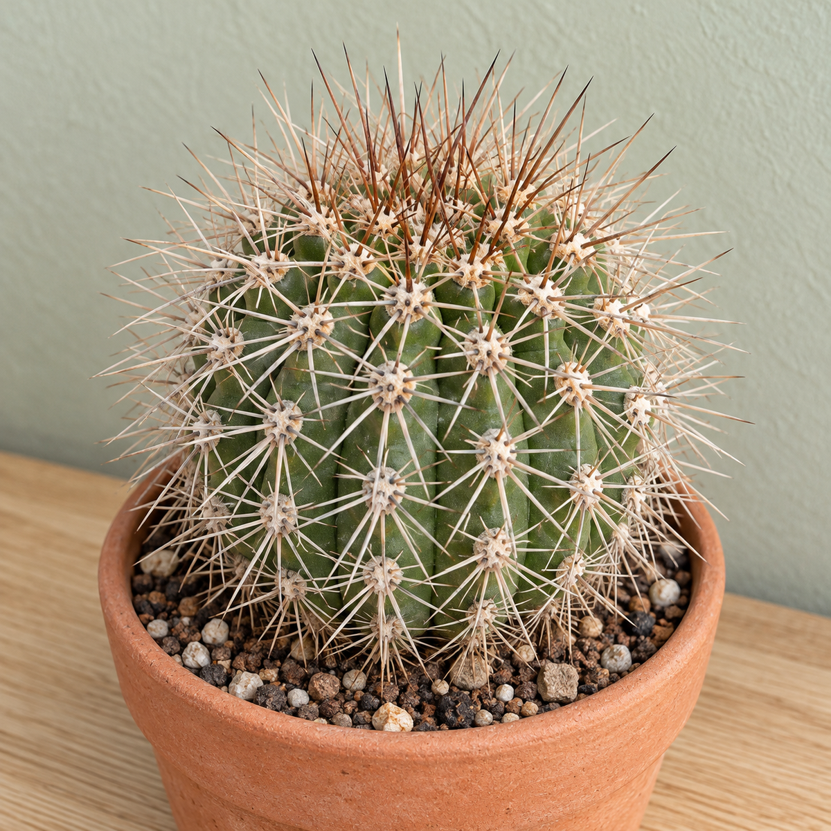 Acanthocalycium spiniflorum vert aux longues épines claires et brunes, dans un pot en terre cuite.