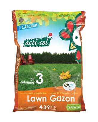 Emballage du produit « Acti-Sol Engrais Naturel Pour Gazon – Étape 3 Automne 4-3-9 », format 15Kg