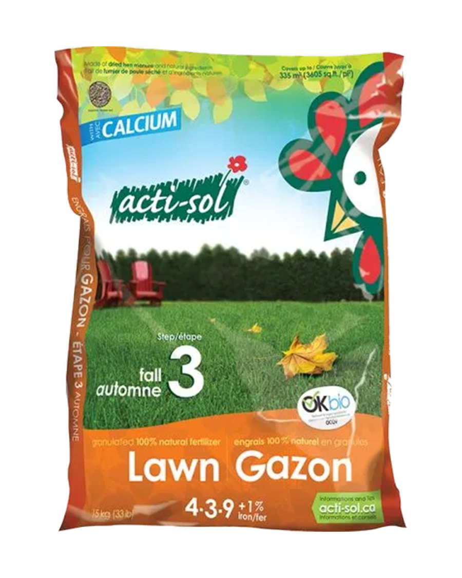 Emballage du produit « Acti-Sol Engrais Naturel Pour Gazon – Étape 3 Automne 4-3-9 », format 15Kg