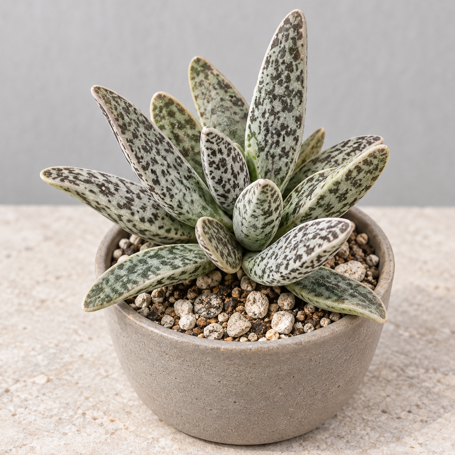 Adromischus marianae ‘Clan William’ aux feuilles charnues gris vert tachetées, dans un pot gris sur une surface claire.