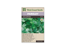 Sachet de persil Laica biologique West Coast Seeds présenté de face sur fond blanc. La photographie montre de grandes feuilles vert foncé, plates et découpées, sur plusieurs tiges rapprochées. Le bandeau mauve porte PARSLEY, et LAICA ORGANIC apparaît sur la bande foncée. Un logo biologique est visible au-dessus de la description anglaise, dans la partie beige inférieure.