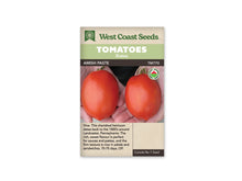Sachet West Coast Seeds portant les mentions Tomatoes, Roma et Amish Paste. La photo montre deux grosses tomates rouges allongées, soutenues dans des mains, avec une surface lisse et brillante. Un logo biologique rond apparaît sur le côté droit. Le nom de la variété et le code TM770 figurent sous les bandeaux verts de la marque.