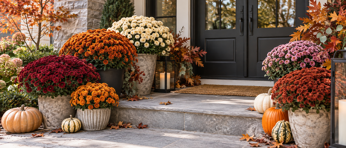 Décor automnal avec fleurs colorées, citrouilles et graminées