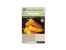 Sachet West Coast Seeds de poivron doux Escamillo biologique. La photo présente plusieurs longs fruits jaunes effilés, avec leurs pédoncules verts, sur un fond sombre. Deux poivrons se croisent au premier plan. Le bandeau vert porte Peppers et Sweet. Le nom Escamillo Organic, le code PP615 et un logo biologique sont visibles.