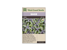 Sachet West Coast Seeds identifié Sage et Ceres. La photo montre des feuilles allongées gris-vert, disposées autour de jeunes pousses, avec des fleurs violettes entre les tiges. Un logo biologique rond apparaît à droite de l’image. Le bandeau mauve porte le mot Sage, sous le logo vert de la marque et au-dessus du nom Ceres.