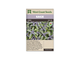 Sachet West Coast Seeds identifié Sage et Ceres. La photo montre des feuilles allongées gris-vert, disposées autour de jeunes pousses, avec des fleurs violettes entre les tiges. Un logo biologique rond apparaît à droite de l’image. Le bandeau mauve porte le mot Sage, sous le logo vert de la marque et au-dessus du nom Ceres.