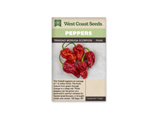 Sachet Trinidad Moruga Scorpion de West Coast Seeds, avec une bande verte au-dessus de la photo. Plusieurs petits piments rouges, très ridés et lobés, portent des queues vertes. Ils sont posés sur un fond clair grisâtre. Le nom est imprimé en noir en haut; une zone beige avec du texte occupe le bas du sachet.
