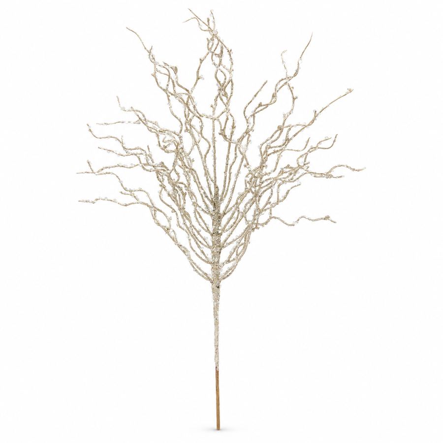 Branche de brindilles scintillantes platine 34 po sur fond blanc