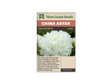 Sachet King Size White de West Coast Seeds sur fond blanc. La photo montre une grande fleur blanche très fournie, avec un centre légèrement crème et de nombreux pétales courbés. Des feuilles vertes composent l’arrière-plan. Le bandeau orangé porte le nom China Aster; King Size White et la référence FL4010 apparaissent dans la bande brune.