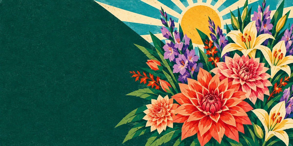 Illustration de dahlias, lis et glaïeuls sur papier texturé