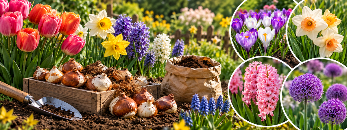 Bulbes de tulipes, narcisses et fleurs printanières au jardin