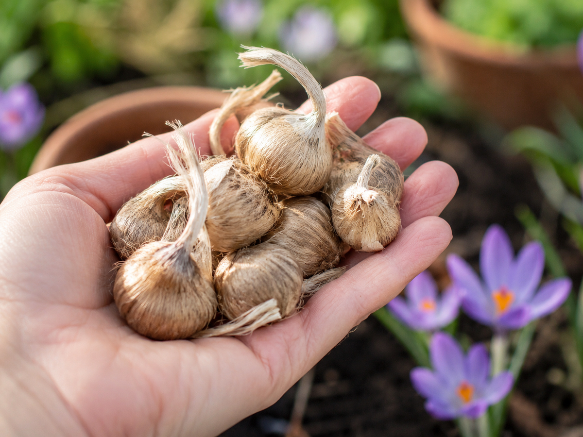 Crocus à safran ( Crocus sativus ) : une main tenant plusieurs bulbes bruns, avec des fleurs violettes en arrière-plan. Cette photographie montre le sujet de près et permet d’en observer les formes, les couleurs et la disposition. Le cadrage attire l’attention sur les éléments visibles au premier plan. Cette vue complète la présentation du produit en donnant un aperçu de son apparence à cette étape, dans la scène photographiée.