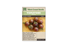 Sachet West Coast Seeds portant les mentions Tomatoes, Cherry et Black Cherry. La photo montre un petit groupe de tomates rondes brun rouge à pourpre, disposées sur une surface claire. Plusieurs fruits gardent leur calice vert. Le nom Black Cherry apparaît sur une bande foncée, sous le bandeau vert et le logo de la marque.