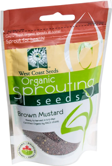 Sachet West Coast Seeds à partie supérieure rouge, avec une étiquette vert jaune portant le nom anglais Brown Mustard. La fenêtre transparente laisse voir de très petites graines rondes brun foncé, avec quelques graines plus claires. Le bas blanc de l'emballage présente le logo biologique canadien et les indications de germination. Le délai de 3 à 5 jours est visible sur le devant.