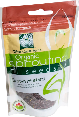 Sachet West Coast Seeds à partie supérieure rouge, avec une étiquette vert jaune portant le nom anglais Brown Mustard. La fenêtre transparente laisse voir de très petites graines rondes brun foncé, avec quelques graines plus claires. Le bas blanc de l'emballage présente le logo biologique canadien et les indications de germination. Le délai de 3 à 5 jours est visible sur le devant.
