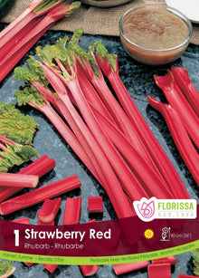 Rhubarbe ‘Strawberry Red’ ( Rheum ) : des tiges de rhubarbe roses et rouges à côté d’un bol. Le visuel Florissa présente la plante et son nom dans la partie inférieure de l’étiquette. La photographie occupe presque toute la surface, tandis que le bandeau du bas rassemble les indications du produit. Cette vue permet de reconnaître son apparence et de distinguer la variété présentée.