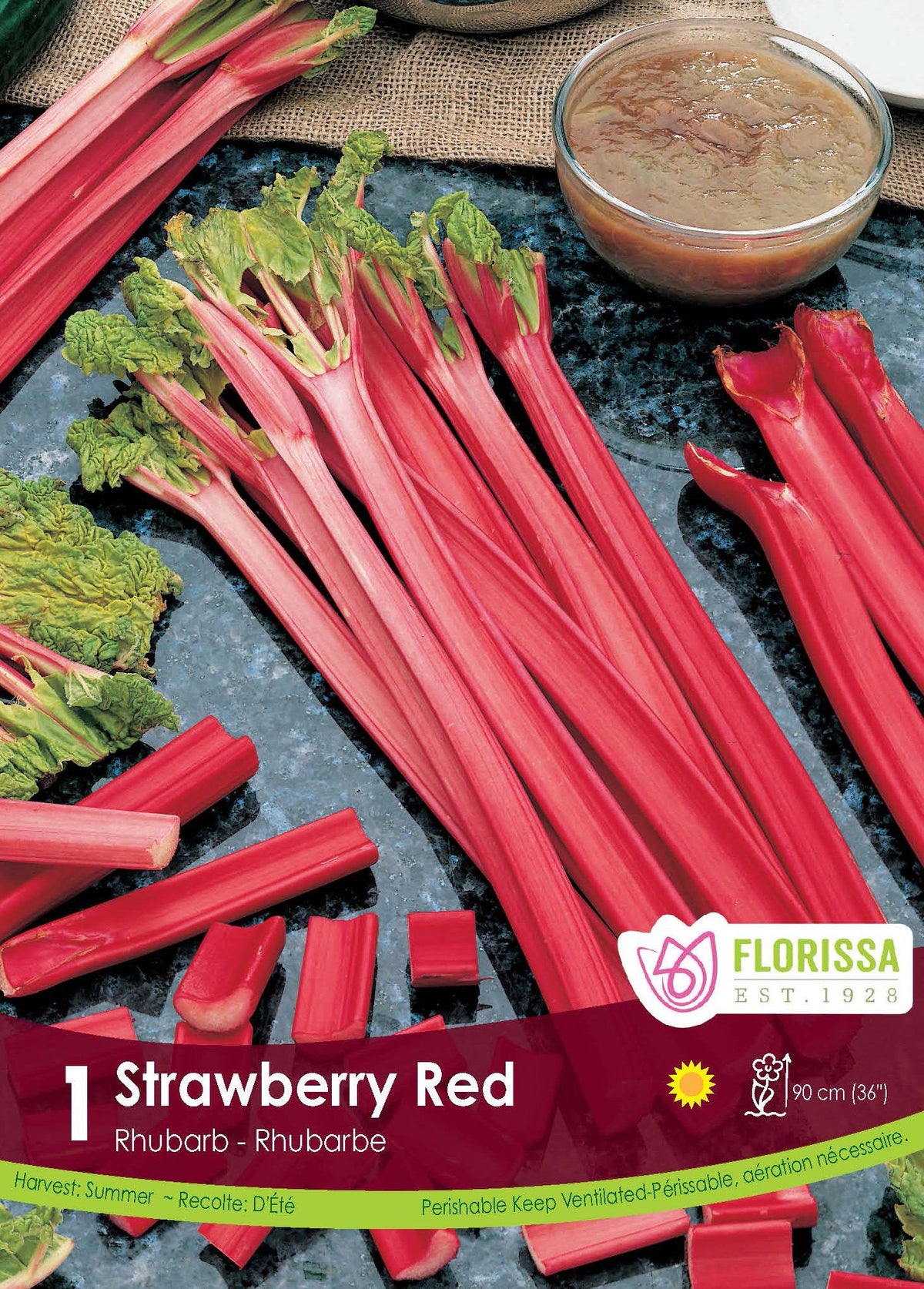 Rhubarbe ‘Strawberry Red’ ( Rheum ) : des tiges de rhubarbe roses et rouges à côté d’un bol. Le visuel Florissa présente la plante et son nom dans la partie inférieure de l’étiquette. La photographie occupe presque toute la surface, tandis que le bandeau du bas rassemble les indications du produit. Cette vue permet de reconnaître son apparence et de distinguer la variété présentée.