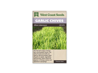 Sachet de ciboulette à l’ail West Coast Seeds présenté de face sur fond blanc. La photo centrale montre une touffe dense de feuilles vertes, longues et étroites, avec de jeunes tiges dressées. Le bandeau mauve porte les mots GARLIC CHIVES. Une description en anglais occupe la partie beige inférieure, sous la photo du feuillage.