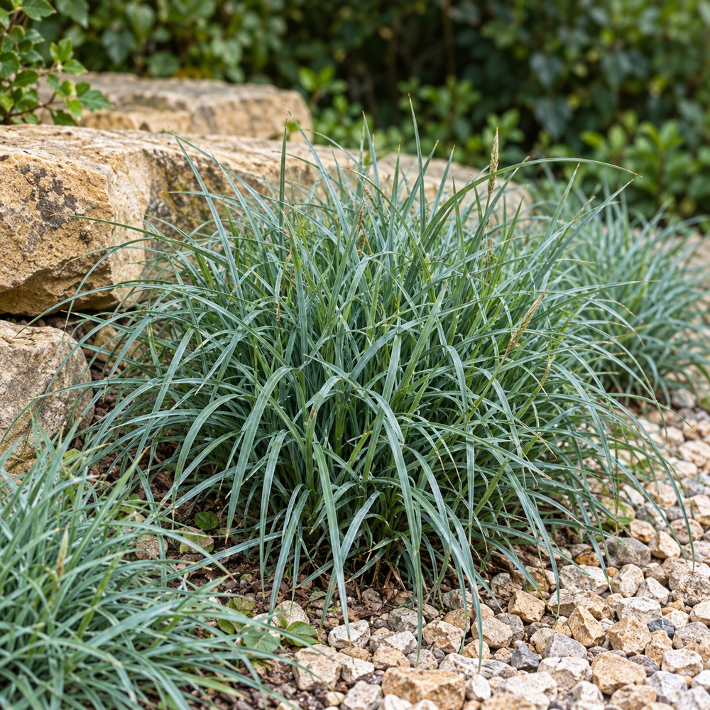 Carex Blue Zinger aux fines feuilles arquées bleu gris et au port souple.