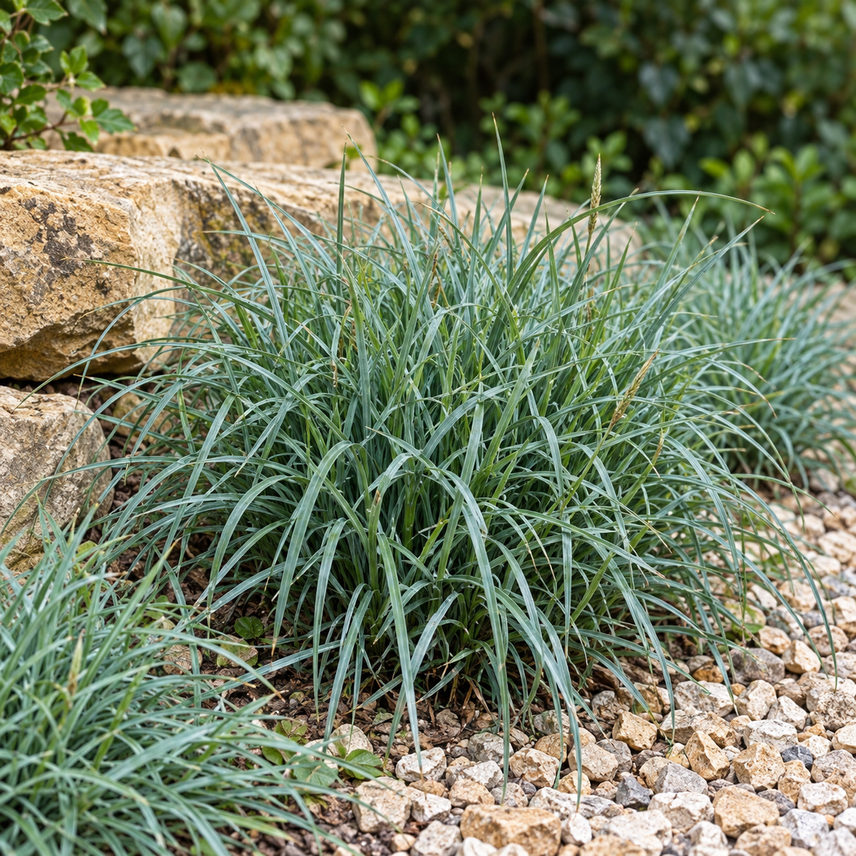 Carex Blue Zinger aux fines feuilles arquées bleu gris et au port souple.