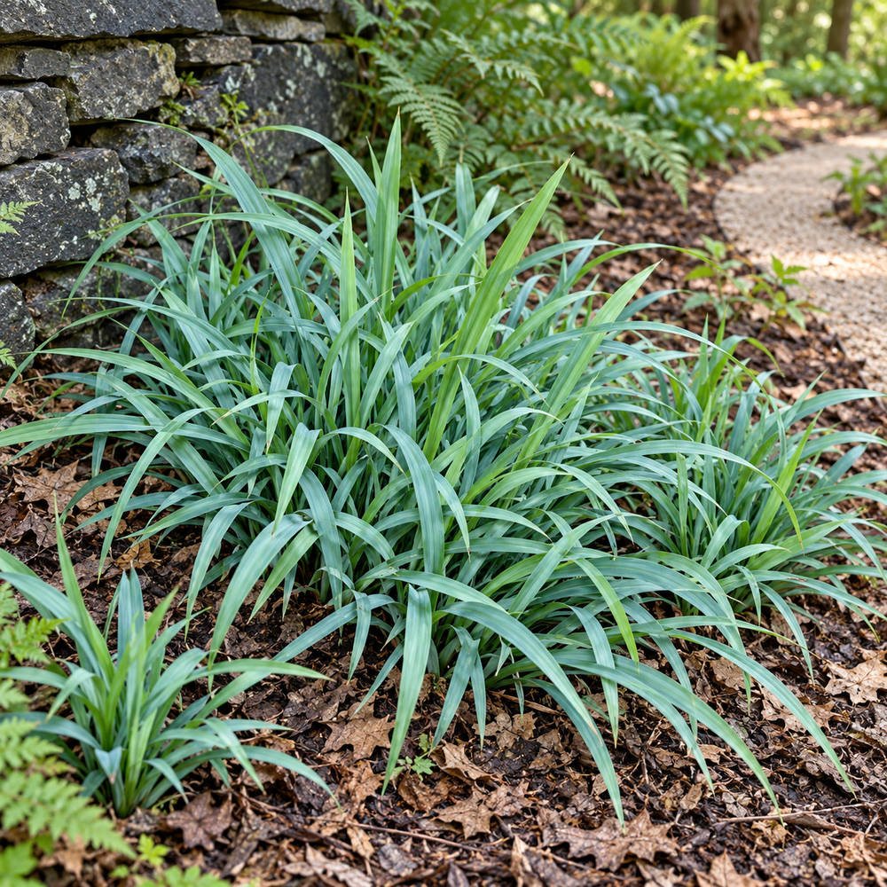 Carex Bunny Blue aux feuilles rubanées bleu vert formant une touffe basse et arquée.