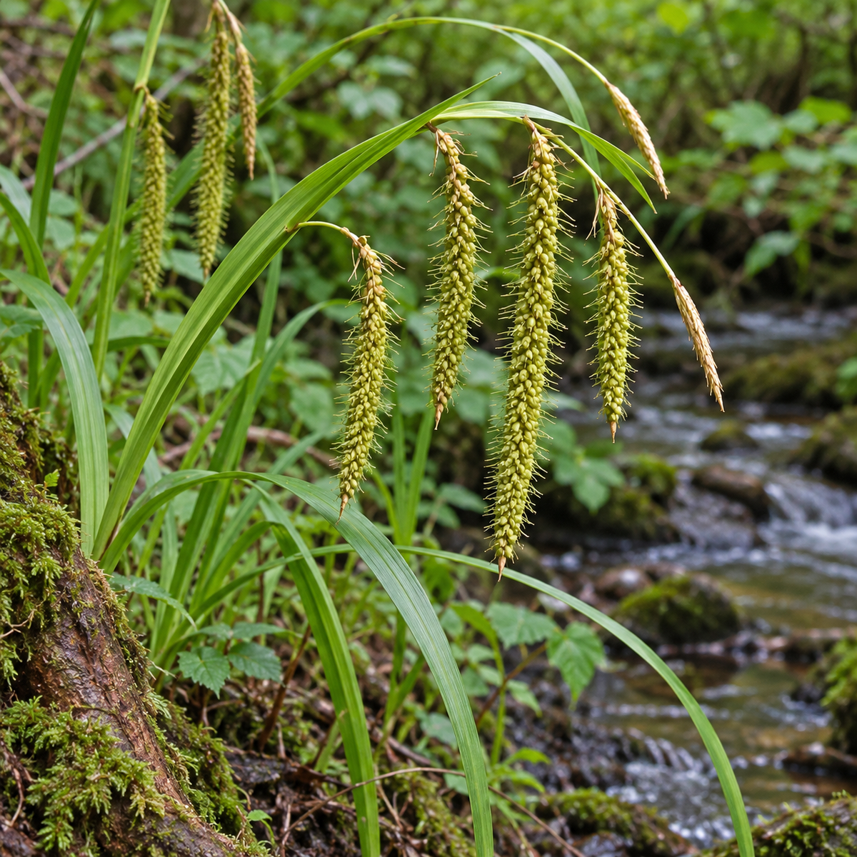 Carex crinita aux longs épis verts pendants et aux feuilles arquées, près d’un ruisseau.