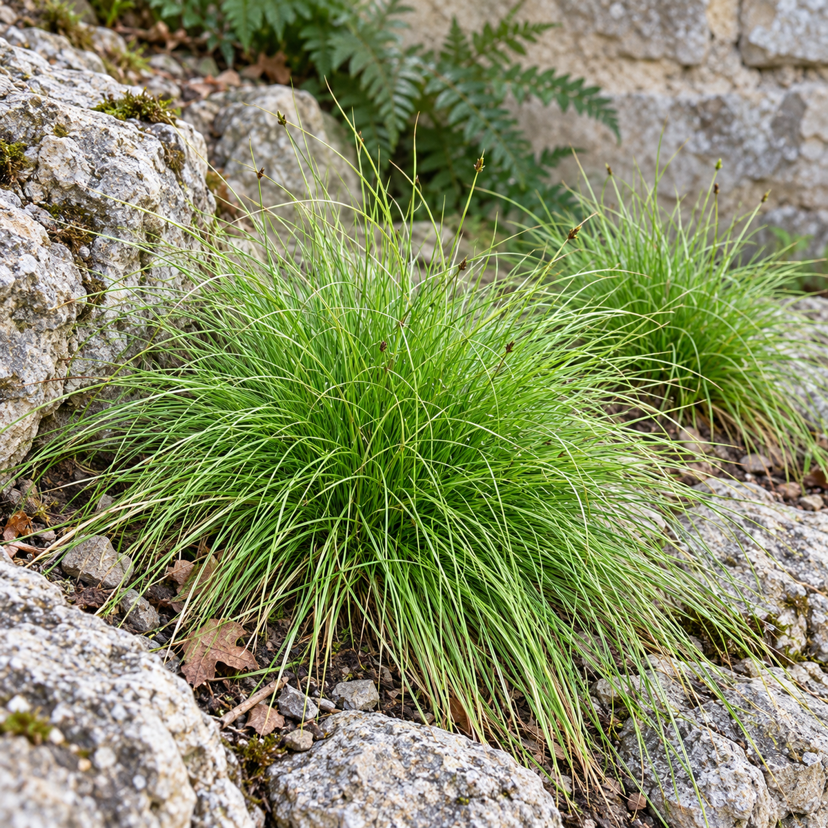 Carex eburnea au feuillage vert très fin en touffe basse, entre des pierres calcaires.