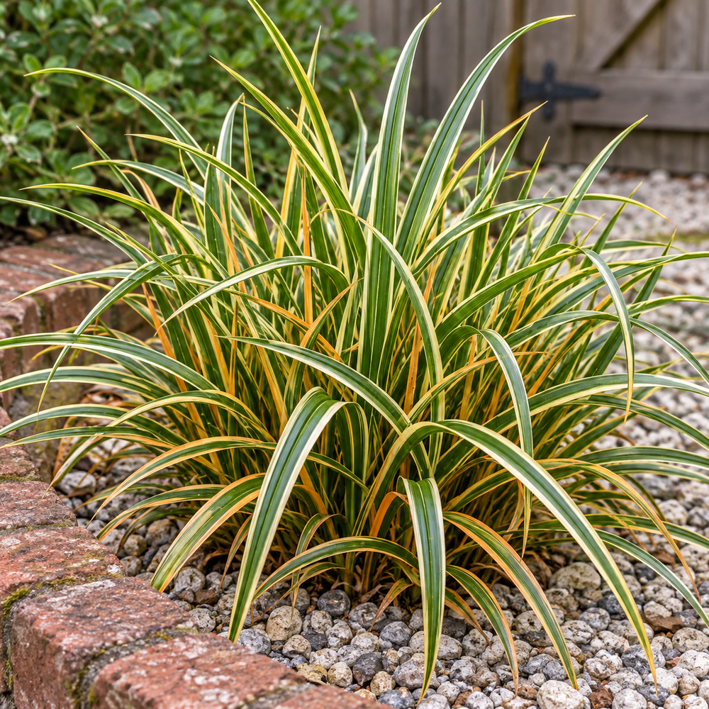 Carex Everglow aux feuilles vertes bordées de crème et d’orange doré.