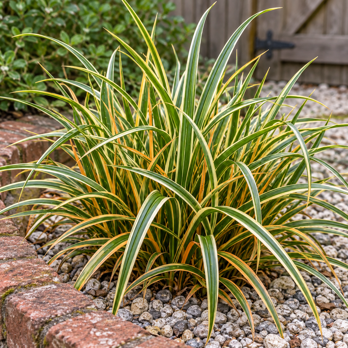 Carex Everglow aux feuilles vertes bordées de crème et d’orange doré.