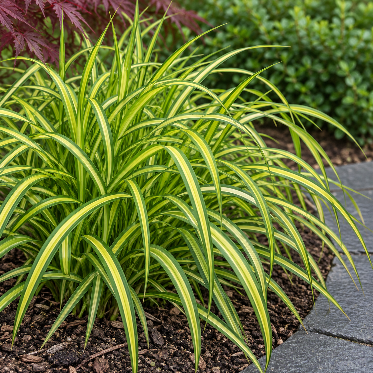 Carex Eversheen aux longues feuilles arquées à centre jaune et bords verts, dans un massif.