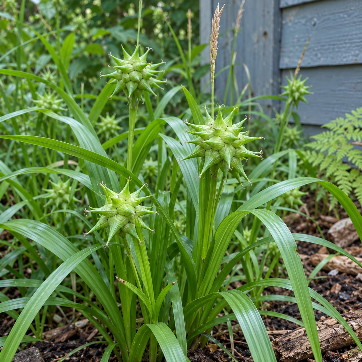 Carex grayi aux têtes de graines vertes en massue étoilée et aux feuilles arquées.