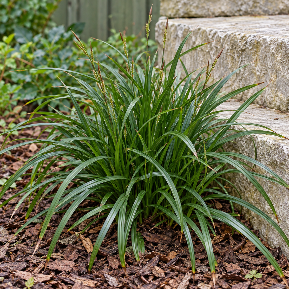 Carex morrowii au feuillage vert foncé uni, souple et arqué en touffe dense.