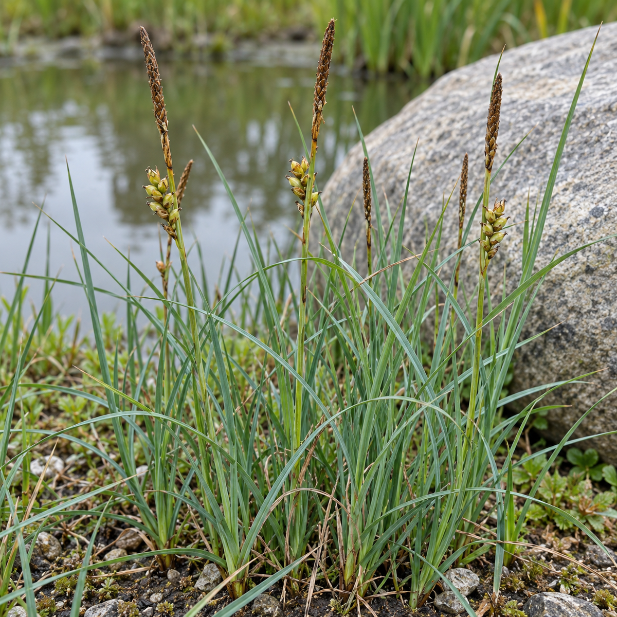 Carex panicea au feuillage bleu-vert et aux épis brunâtres, au bord d’un bassin.