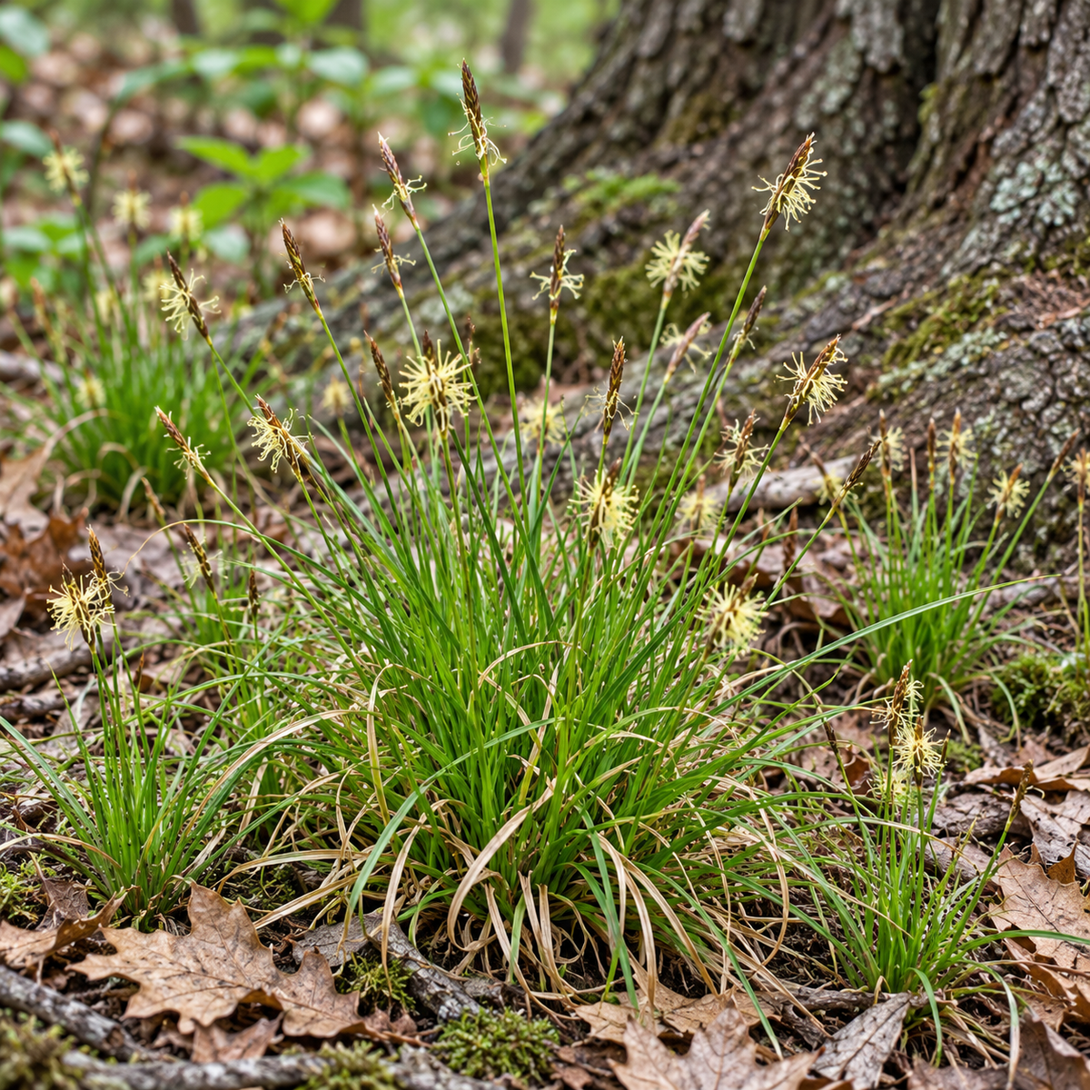 Carex de Pennsylvanie au feuillage fin vert et aux petits épis crème, au pied d’un chêne.