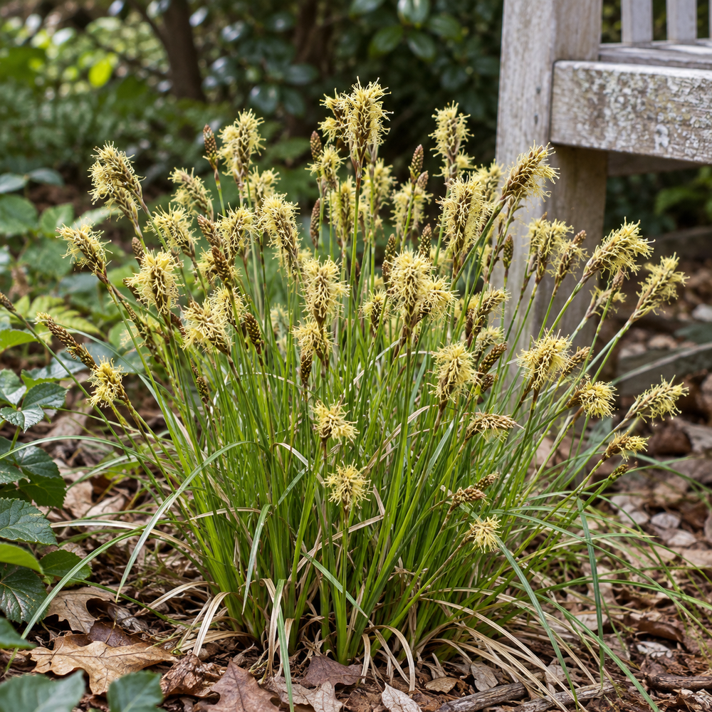 Carex Straw Hat en touffe, aux petits épis entourés d’étamines jaune paille.