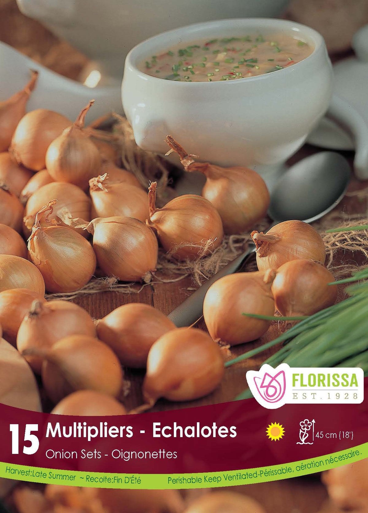 Échalote ‘Multiplicateur’ ( Allium cepa Groupe Aggregatum) : des petits oignons dorés accompagnés d’un bol de soupe. Le visuel Florissa présente la plante et son nom dans la partie inférieure de l’étiquette. La photographie occupe presque toute la surface, tandis que le bandeau du bas rassemble les indications du produit. Cette vue permet de reconnaître son apparence et de distinguer la variété présentée.