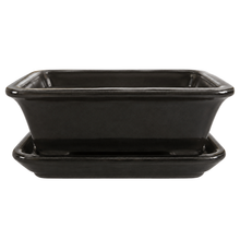 Pot à bonsaï rectangulaire noir de 6 po avec soucoupe sur fond blanc
