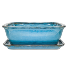 Grand pot à bonsaï bleu sarcelle de 12 po avec soucoupe sur fond blanc