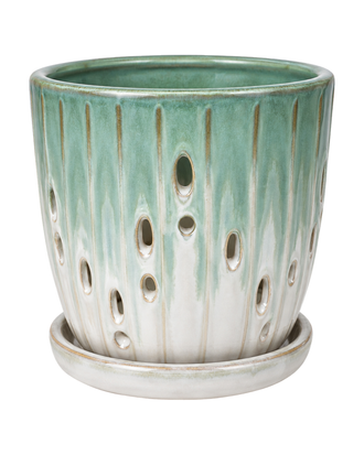 Pot ajouré jade et blanc en céramique avec soucoupe sur fond blanc