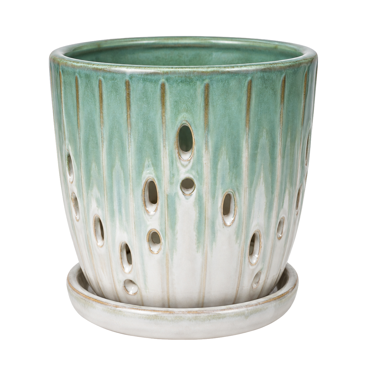 Pot ajouré jade et blanc en céramique avec soucoupe sur fond blanc
