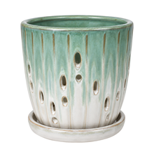 Pot ajouré jade et blanc en céramique avec soucoupe sur fond blanc