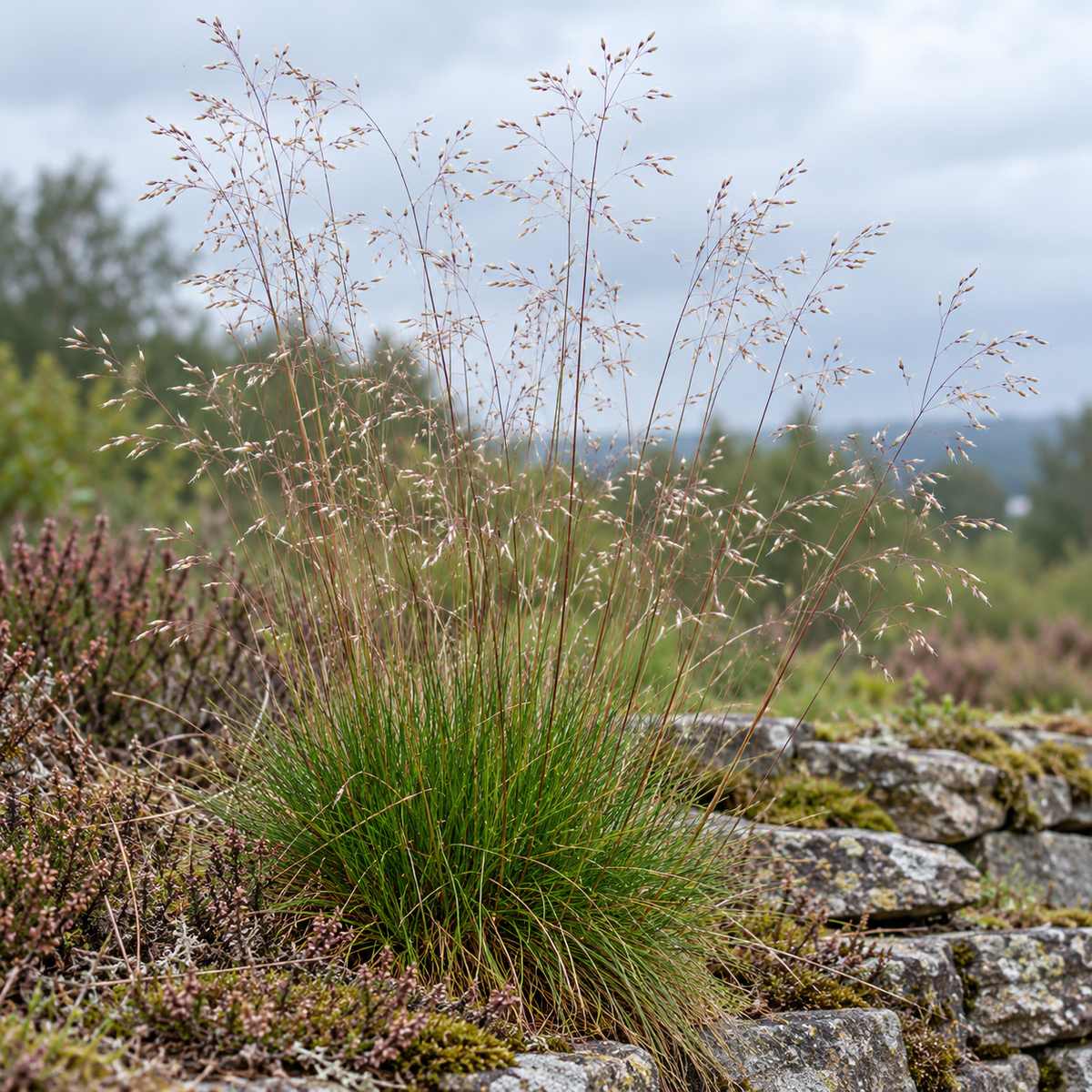 Deschampsia flexuosa en touffe, au feuillage fin vert et aux panicules aériennes légèrement rosées.