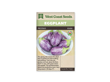 Sachet Piccolo de West Coast Seeds avec une bande vert pâle et le nom sur fond sombre. La photo montre plusieurs petites aubergines ovales, striées de violet et de blanc, dans une assiette claire. Leurs calices sont verts. Un logo biologique apparaît à droite; une zone beige avec du texte occupe le bas.