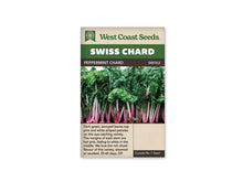 Sachet West Coast Seeds Peppermint Chard montrant une rangée de bettes aux longues cardes roses et blanches. Les pétioles sont groupés sous de grandes feuilles vert foncé gaufrées. Leurs bases apparaissent au niveau de la terre. Le nom Peppermint Chard est inscrit dans le bandeau brun, sous le titre Swiss Chard blanc sur fond vert.