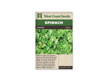 Sachet West Coast Seeds Seaside montrant une culture dense de jeunes feuilles d’épinard vertes. Les feuilles ovales se chevauchent, avec des nervures visibles et des reflets clairs à leur surface. Le nom Seaside est inscrit dans le bandeau brun, sous le grand titre Spinach blanc sur fond vert en haut du sachet.
